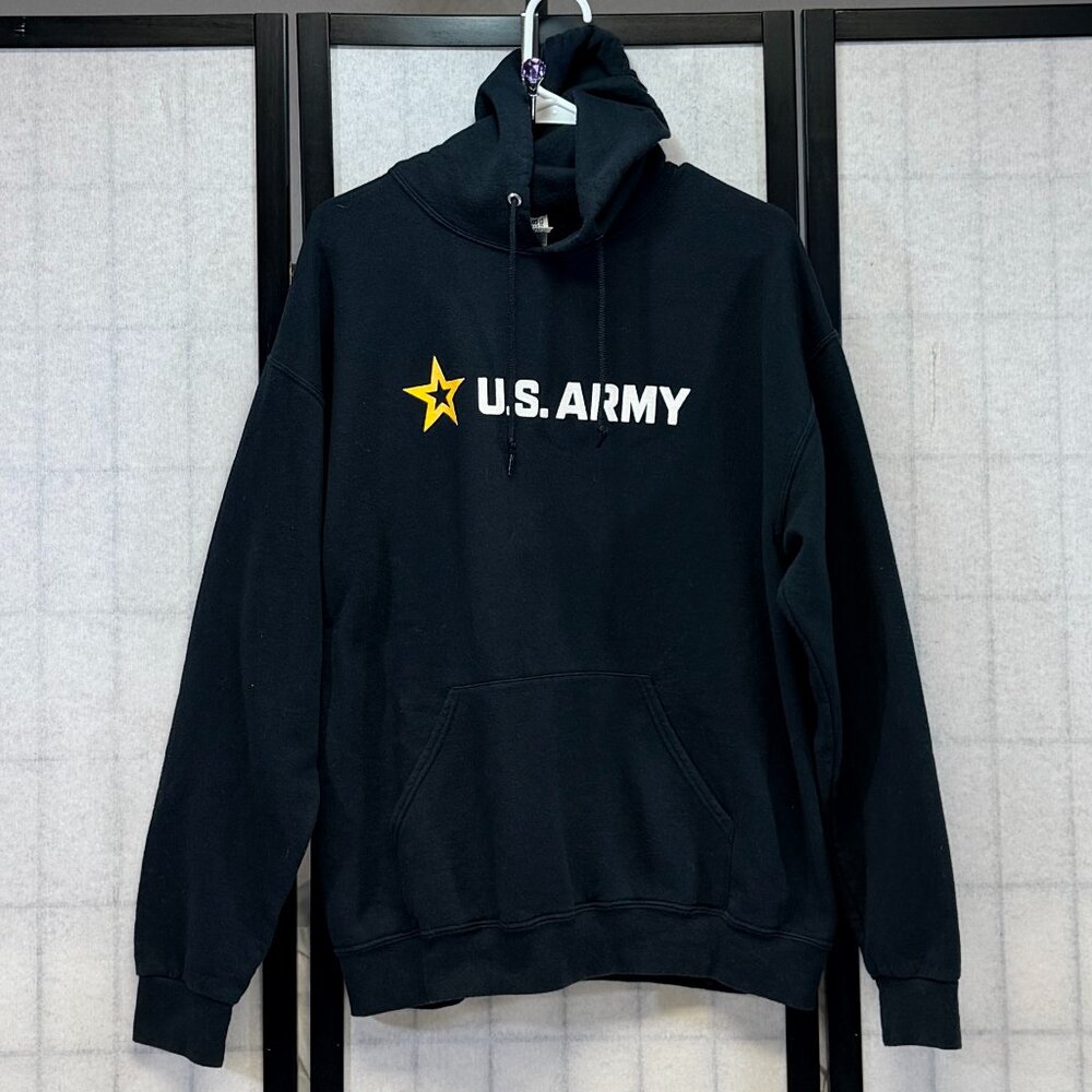 JerZees Nublend US Army Graphic Yellow Text Fleece Hoodie Black L Pouch Pocket